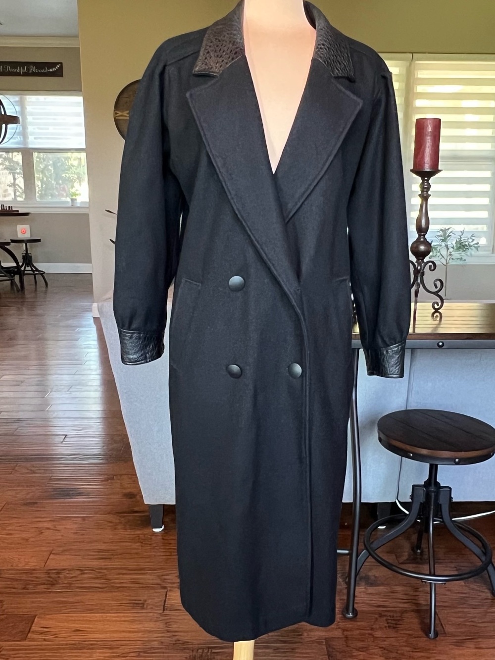 Vintage Havoc Black Wool Leather Trim Long Trench Coat USA Size 10 - Picture 2 of 15